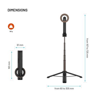 12. Poprawiono | Kijek do selfie ze statywem | Przyciąganie magnetyczne | Łączność Bluetooth | | 72 cm | Stop aluminium, ABS, PC | 170 gramów