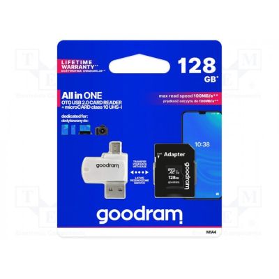 2. Karta pamięci z adapterem i czytnikiem kart GoodRam All in one M1A4-1280R12 (128GB; Class 10; Adapter, Czytnik kart MicroSDHC, Karta pamięci)