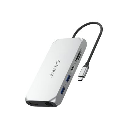 Stacja dokująca USB-C Orico XCR 12w1 2x USB-A 3.1 1x USB-A 2.0 1x USB-C PD 100 W 1x USB-C 3.1 2x HDMI 2.0 4K 60 Hz 1x DisplayPort 1.4 4K 60 Hz 1x SD 3.0 1x microSD 3.0 1x RJ45 Gigabit Ethernet 1x audio CTIA 3,5 mm - srebrna