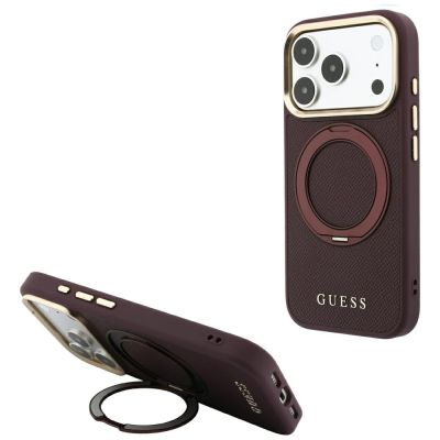Etui Guess Ring Stand 360 Grained Classic Logo MagSafe na iPhone 18 Pro / 17 Pro - burgundowe