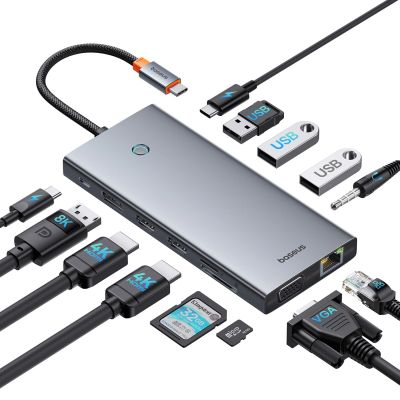 4. HUB Baseus PortalJoy Series 13w1 USB-C - 2x HDMI / DP / VGA / USB-A 3.1 / USB-C 3.1 / USB-A 2.0 / PD / RJ45 / SD / TF / AUX - szary