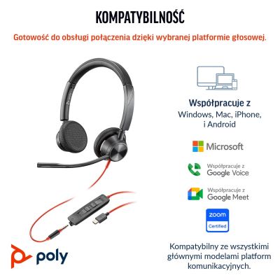 199. Słuchawki Poly Blackwire 3325 Stereo MS Teams Certified USB-C Headset +3.5mm Plug +USB-C/A Adapter 8X222AA