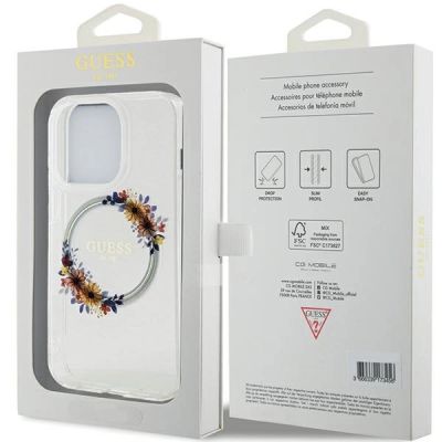 8. Etui Guess IML Flowers Wreatch MagSafe na iPhone 15 Pro Max - przezroczyste