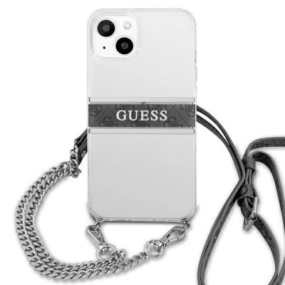 3. Etui Guess 4G Grey Strap Silver Chain na iPhone 13 mini - przezroczyste