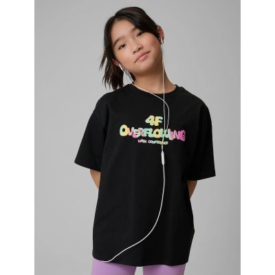 T-shirt loose z nadrukiem dziewczęcy 4F 4FJRSS26TTSHF4137-020S