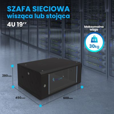 16. Extralink Szafa rack 4U 600x450 Czarna montowana na ścianie