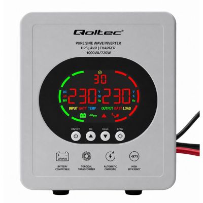 8. UPS Qoltec 50451 Pure Sine Wave 1000VA/720W Przetwornica 12/230V z AVR | LCD | LiFePO4 AGM GEL
