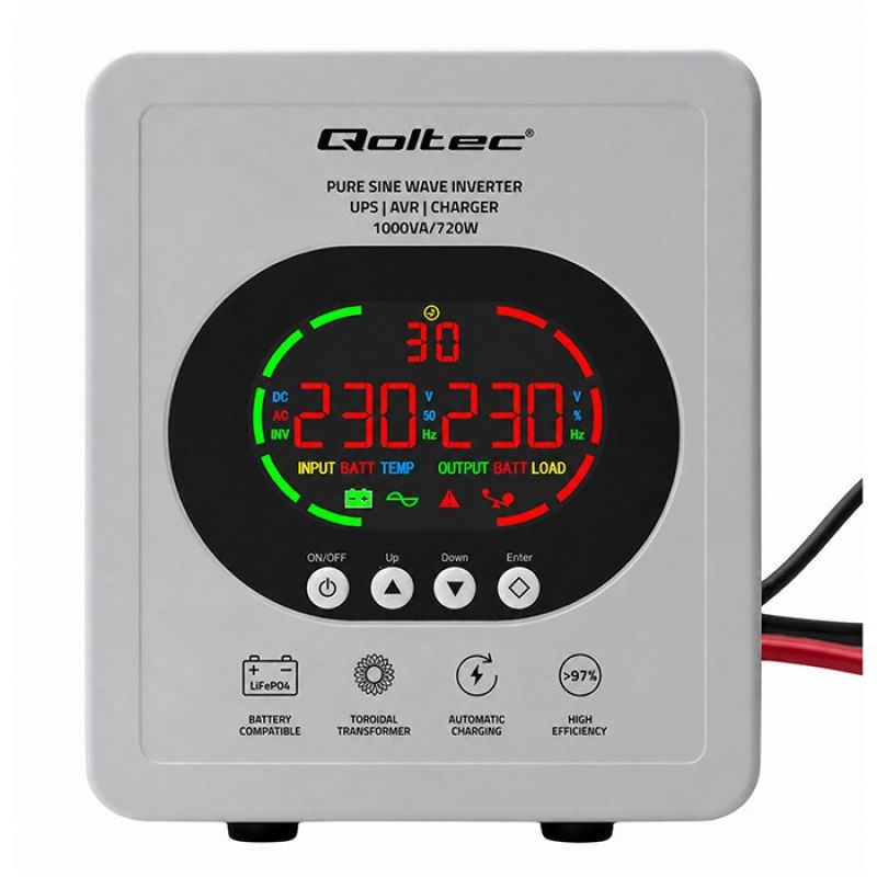 8. UPS Qoltec 50451 Pure Sine Wave 1000VA/720W Przetwornica 12/230V z AVR | LCD | LiFePO4 AGM GEL