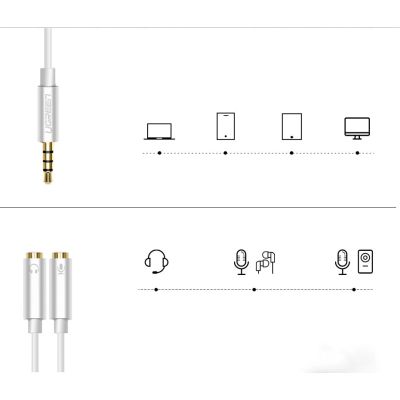 5. Ugreen kabel przewód rozdzielacz słuchawkowy 3,5 mm mini jack AUX mikrofon 20cm (mikrofon + wyjście stereo) srebrny (30619)