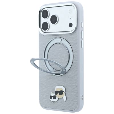 2. Etui Karl Lagerfeld with Ring Stand 360 Karl & Choupette Heads Pin MagSafe na iPhone 18 Pro / 17 Pro - szare