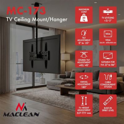 14. MACLEAN UCHWYT / WIESZAK SUFITOWY DLA TV, MAX. OBCIĄŻENIE 50KG, 37-86", MAX VESA 600X400 MC-173