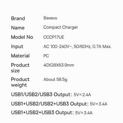 19. Baseus Compact ładowarka sieciowa 3x USB 17W czarny (CCXJ020101)