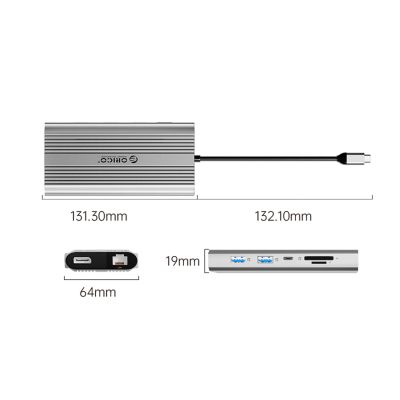 2. Stacja dokująca USB-C Orico XDR 12w1 USB-A USB-C 2x HDMI 4K 60Hz DisplayPort 4K 60Hz RJ45 Gigabit PD 100W czytnik kart SD i microSD - srebrna