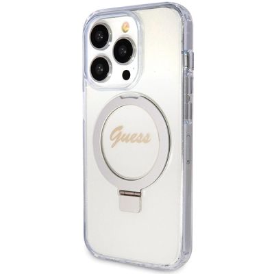 2. Etui Guess Ring Stand Script Glitter MagSafe na iPhone 15 Pro - przezroczyste