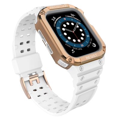 Pasek z etui ochronnym Protect Strap Band do Apple Watch 38 / 40 / 41 mm opaska obudowa pancerna - biały, różowe złoto