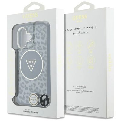 7. Etui Guess HC IML Leopard Triangle Cord Strap MagSafe do iPhone 16 - czarne