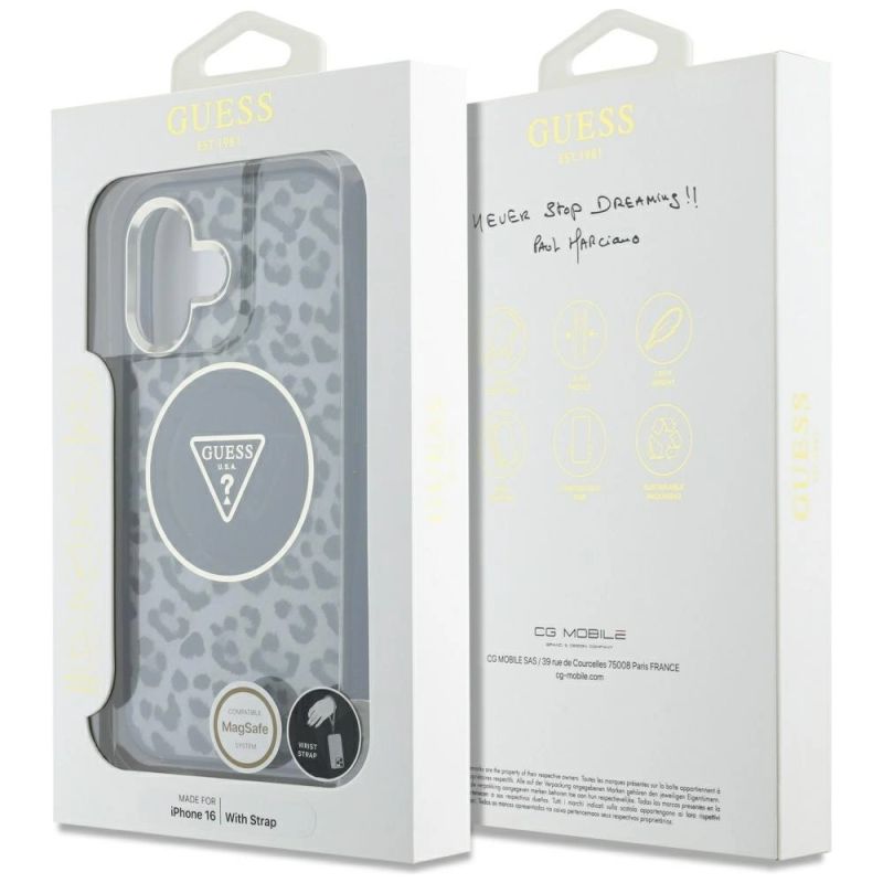 7. Etui Guess HC IML Leopard Triangle Cord Strap MagSafe do iPhone 16 - czarne