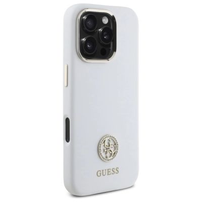 4. Etui Guess Silicone Logo Strass 4G na iPhone 16 Pro - białe