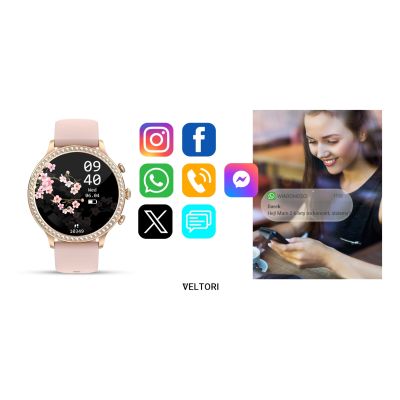 17. Smartwatch Damski VELTORI VT310-1 Złota Bransoleta + Różowy Pasek Silikonowy