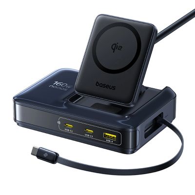 Stacja ładująca Baseus Nomos NH21 Qi2 160W 5w1 bezprzewodowa ze zwijanym kablem - czarna