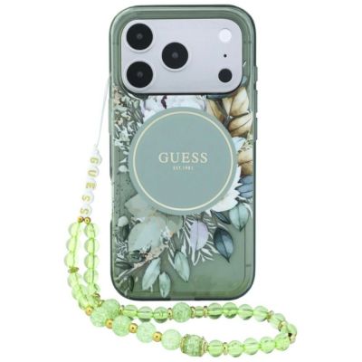 Etui Guess IML Flowers Pearl Strap MagSafe na iPhone 18 Pro Max / 17 Pro Max - zielone