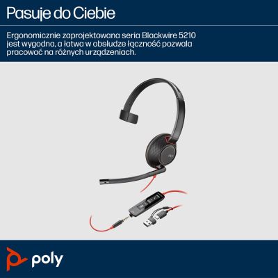 51. POLY Jednouszny zestaw słuchawkowy USB-C Blackwire 5210 + wtyczka 3,5 mm + przejściówka USB-C/A