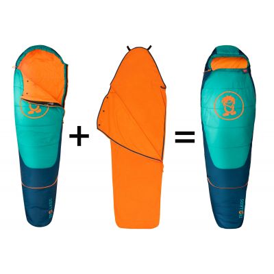 7. Śpiwór Trollkids Femund 3in1 zielony morski/niebieski madeirowski/zachód słońca na Saharze (695-358)