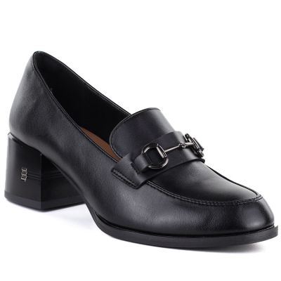 Skórzane półbuty damskie lordsy na obcasie czarne Vinceza 18116