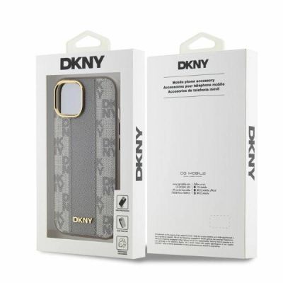 5. Etui DKNY Leather Checkered Mono Pattern MagSafe na iPhone 14 - beżowe