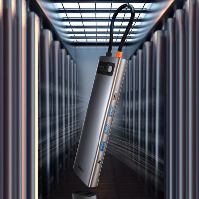 18. Baseus Metal Gleam 11w1 wielofunkcyjny HUB USB Typ C - 3x USB 3.2 Gen 1 5Gbps / USB Typ C PD 100W / 3,5 mm mini jack AUX / VGA Full HD 60Hz / 2x HDMI 4K 30Hz / czytnik kart TF i SD / RJ45 1Gbps szary (CAHUB-CT0G)