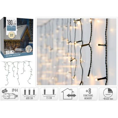 13. LAMPKI CHOINKOWE KURTYNA ŚWIETLNA ZEW 180 LED STEROWNIK TIMER CIEPŁY BIAŁY KABEL ZIELONY