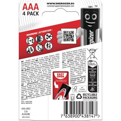 3. ENERGIZER BATERIE ALKALICZNE MAX AAA LR03, 4 SZTUKI, OPAKOWANIE ECO