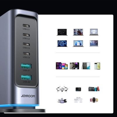 11. Ładowarka Joyroom JR-TCM02 GaN 65W stacja ładująca 4xUSB-C 2xUSB-A wtyczka UK - szara