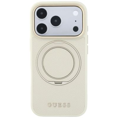 3. Etui Guess Ring Stand 360 Grained Classic Logo MagSafe na iPhone 18 Pro Max / 17 Pro Max - beżowe