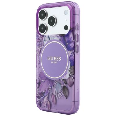 2. Etui Guess IML Flowers Pearl Strap MagSafe na iPhone 18 Pro / 17 Pro - fioletowe