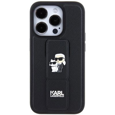 3. Etui Karl Lagerfeld Gripstand Saffiano Karl&Choupette Pins na iPhone 14 Pro - czarne
