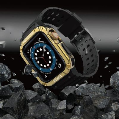 6. Pasek z etui ochronnym Protect Strap Band do Apple Watch 42 / 44 / 45 mm opaska obudowa pancerna - czarny, złoty