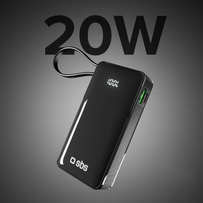 4. Powerbank SBS 10000 mAh 20W z wbudowanym kablem USB-C i wyświetlaczem cyfrowym - czarny