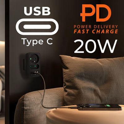 4. MACLEAN GNIAZDKO PRĄDOWE X2 + 4XUSB, ROZGAŁĘŹNIK Z 2 GNIAZDAMI, 2XUSB A, 2XUSB C PD 20W, 1X16A + 1X6A MCE249 F/B