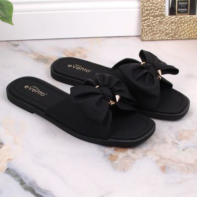 7. Klapki damskie płaskie z kokardą czarne eVento 5479