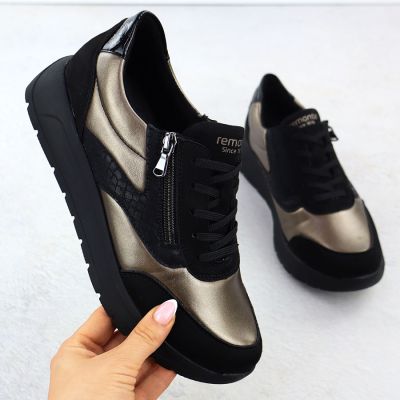 2. Komfortowe półbuty damskie czarno-złote Remonte D2V02-04