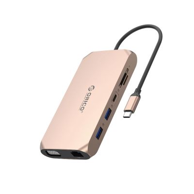Stacja dokująca USB-C Orico XCR 12w1 3x USB-A 3.1 1x USB-A 2.0 1x USB-C PD 100 W 1x USB-C 3.1 1x HDMI 1.4 4K 30 Hz 1x VGA 1080p 1x SD 3.0 1x microSD 3.0 1x RJ45 Gigabit Ethernet 1x audio CTIA 3,5 mm - różowo-złota