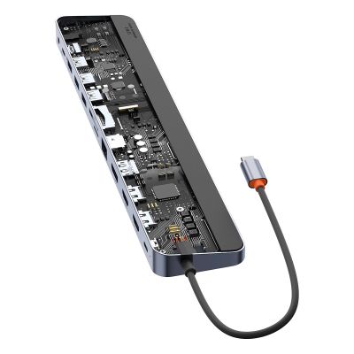 4. Baseus EliteJoy Gen2 uniwersalny HUB USB 12w1 z kablem USB-C 25cm podstawka pod notebook USB-A / USB-C / DP / HDMI / SD / TF / RJ45 / 3,5mm jack / PD 100W szary (WKSX030213)