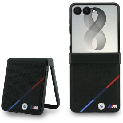 Etui BMW M Leather Perforated Tricolor Stripe Metal Logos MagSafe na Samsung Galaxy Z Flip 8 - czarne