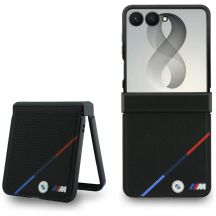 Etui BMW M Leather Perforated Tricolor Stripe Metal Logos MagSafe na Samsung Galaxy Z Flip 8 - czarne