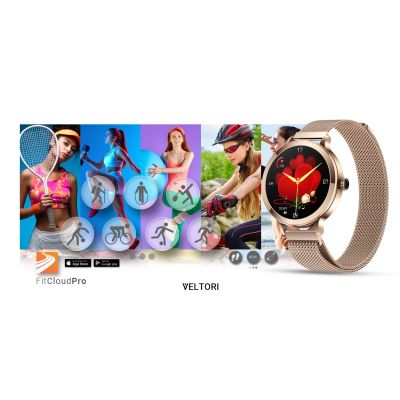 20. Smartwatch Damski VELTORI VT340-1 Złota Bransoleta + Różowy Pasek Silikonowy