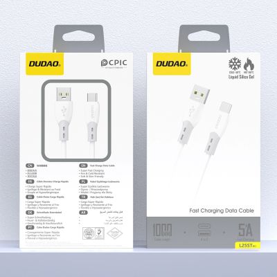 2. Kabel Dudao L25ST 5 A USB-A - USB-C z miękkim silikonowym oplotem 1 m - biały