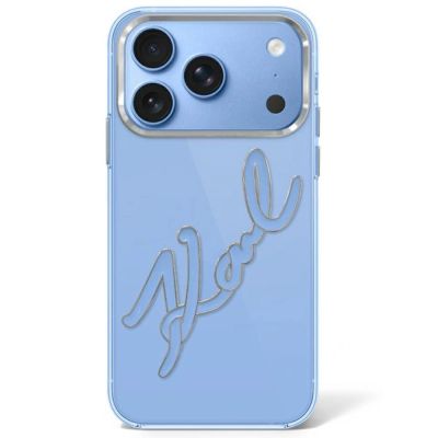 Etui Karl Lagerfeld IML Big Signature Resin Metal Frame na iPhone 17 Pro / 18 Pro - niebieskie