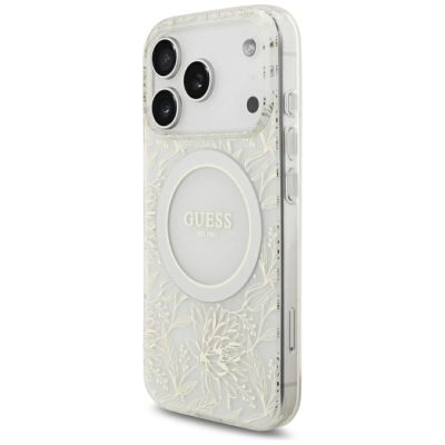3. Etui Guess IML Flowers Allover Electroplated with Pearl Strap MagSafe na iPhone 18 Pro / 17 Pro - białe