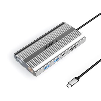 Stacja dokująca USB-C Orico XDR 12w1 USB-A USB-C 2x HDMI 4K 60Hz DisplayPort 4K 60Hz RJ45 Gigabit PD 100W czytnik kart SD i microSD - srebrna